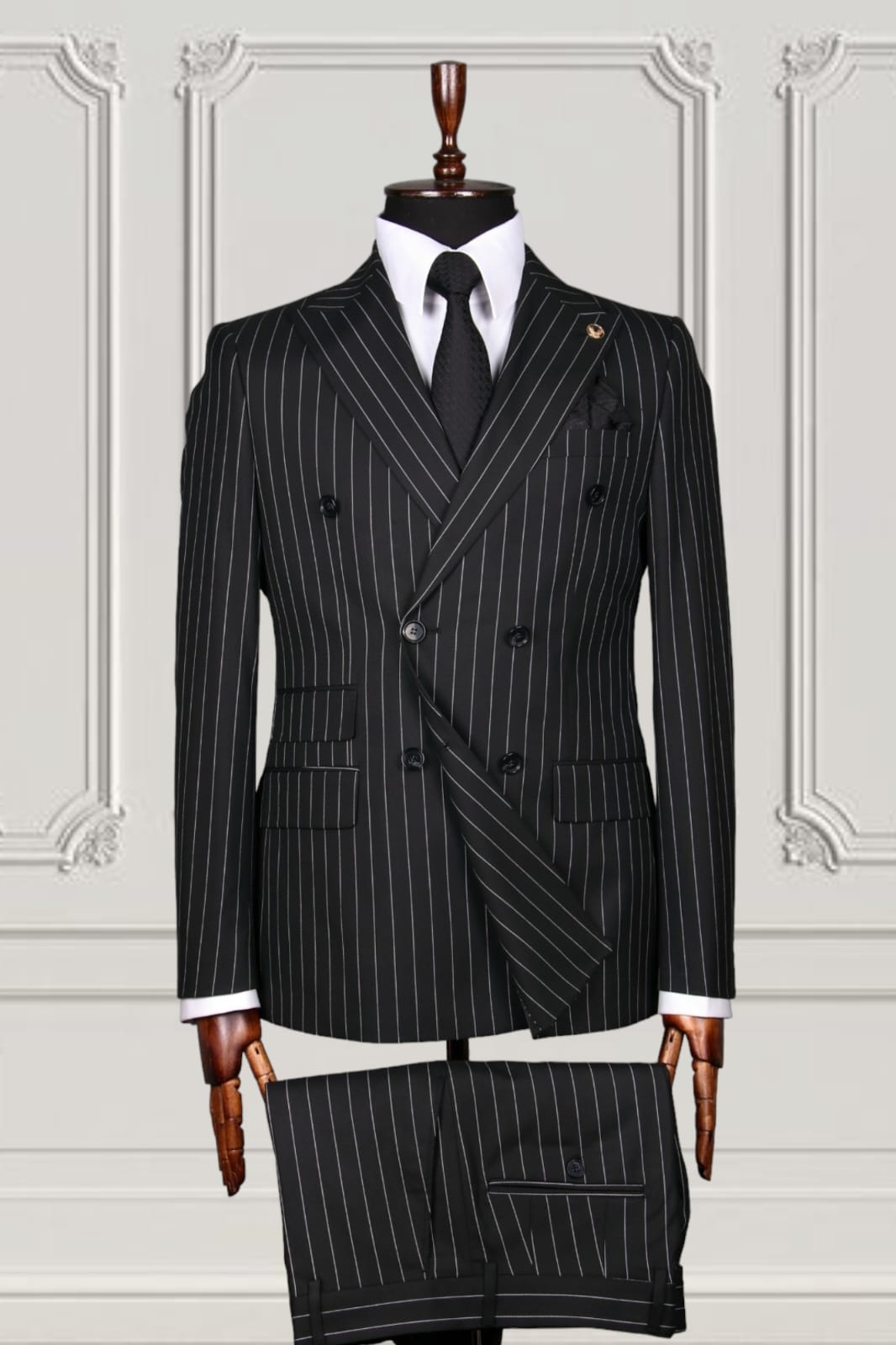 Black striped double breasted suit on sale